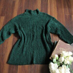 Vintage 1980s Sweater, Kenzo Paris Green Chenille Turtleneck Tunic